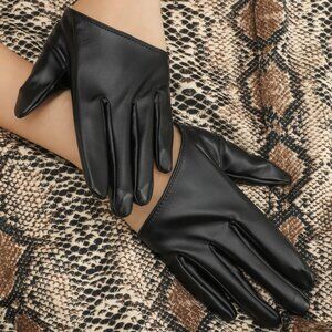 Faux Leather Black Short Half Minimalist Solid Gloves